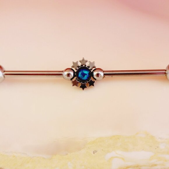 14G Blue opal stars Industrial Barbell NWT Externally Threaded Balls - Picture 2 of 7